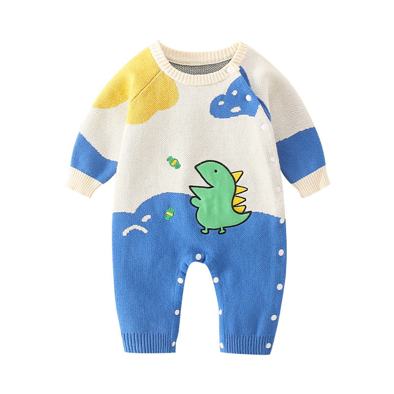 Baby Dinosaur Pattern Colorblock Design Cute Knit Romper-0